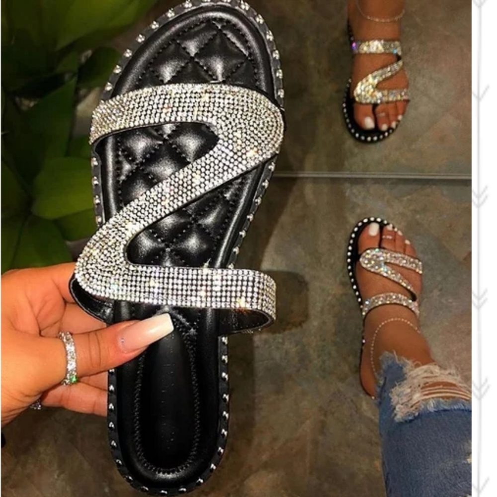 Rhinestone Flat Sandals Black